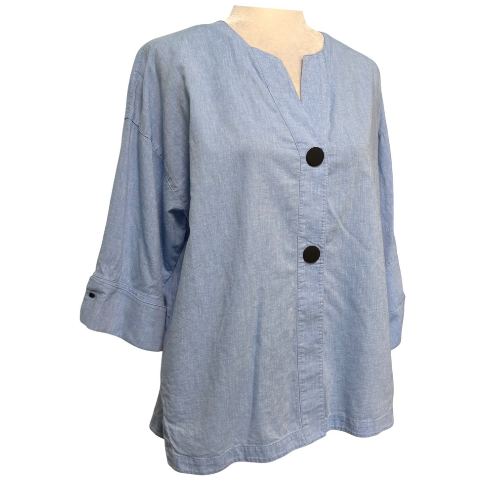 Ming Wang Jacket Womens M Linen Blend Relaxed Chambray Lagenlook Minimalist Boxy